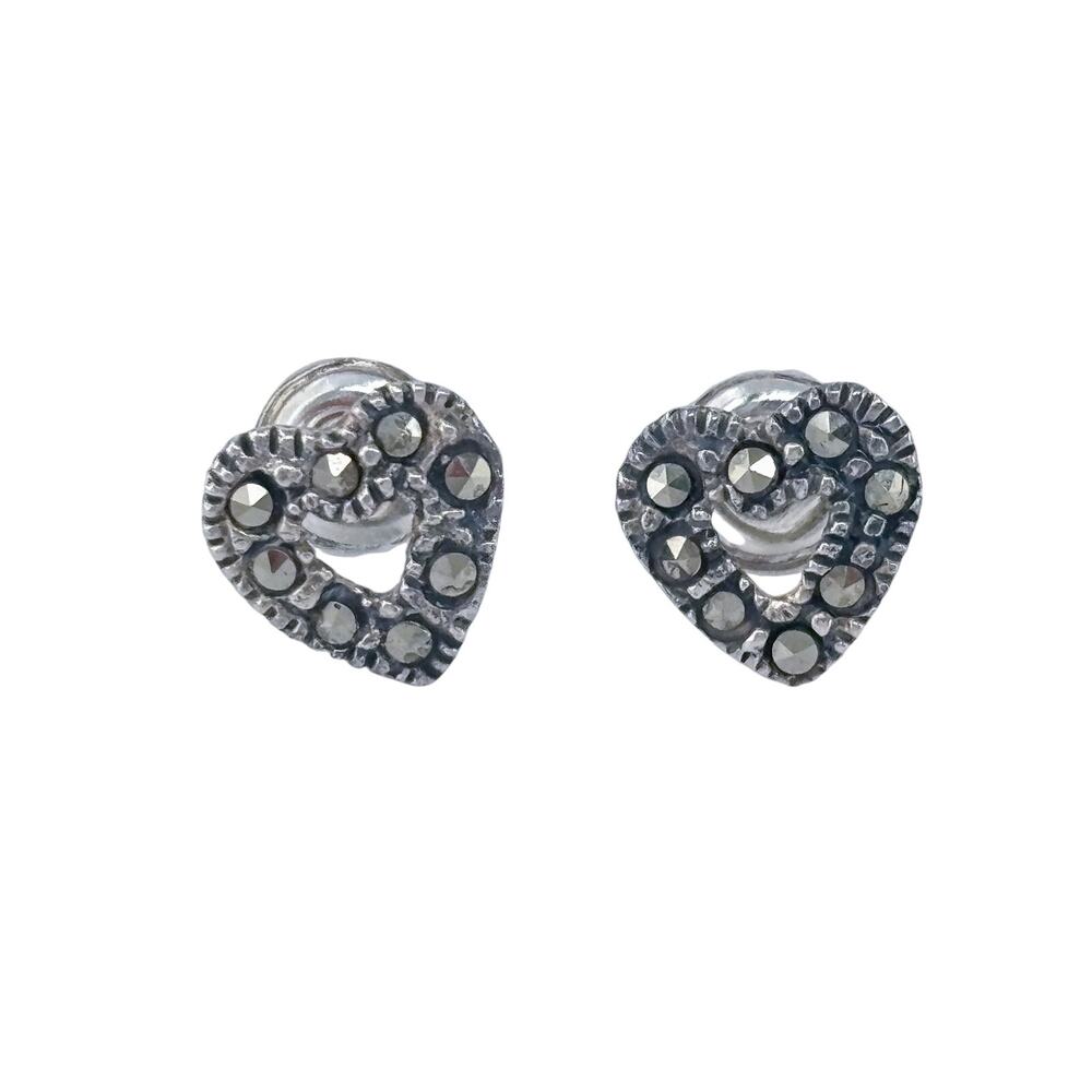 Vintage Sterling Silver 925 Marcasite Heart Stud Earrings